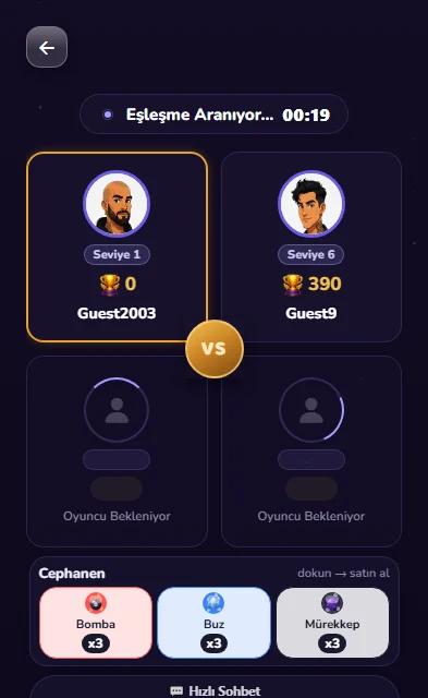 Matchmaking screen: players, attack jokers in stock and quick chat