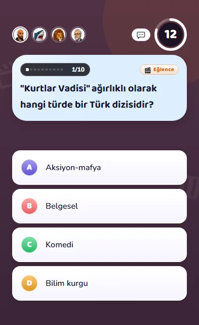 Question screen: the question, four answers and a countdown