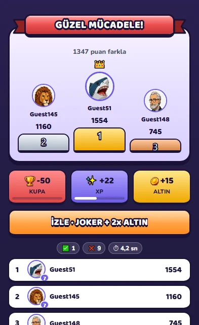 End of match: podium, trophies, experience points and ranking
